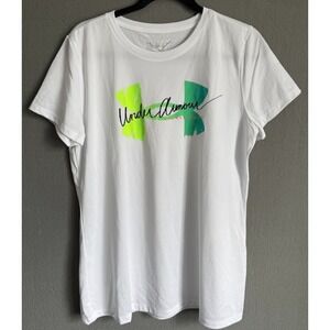 Under Armour T Shirt Women Large White Logo Graphic Tee Loose Fit Short Sleeve
